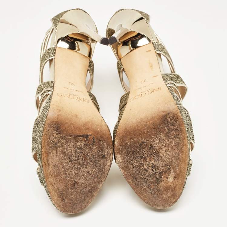 Pre Owned Jimmy Choo Gold Glitter and Leather Sandals Size 36 