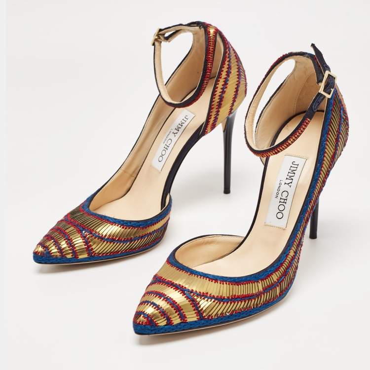 Jimmy Choo Gold/Blue Knit Fabric and Leather Lucy Pumps Size