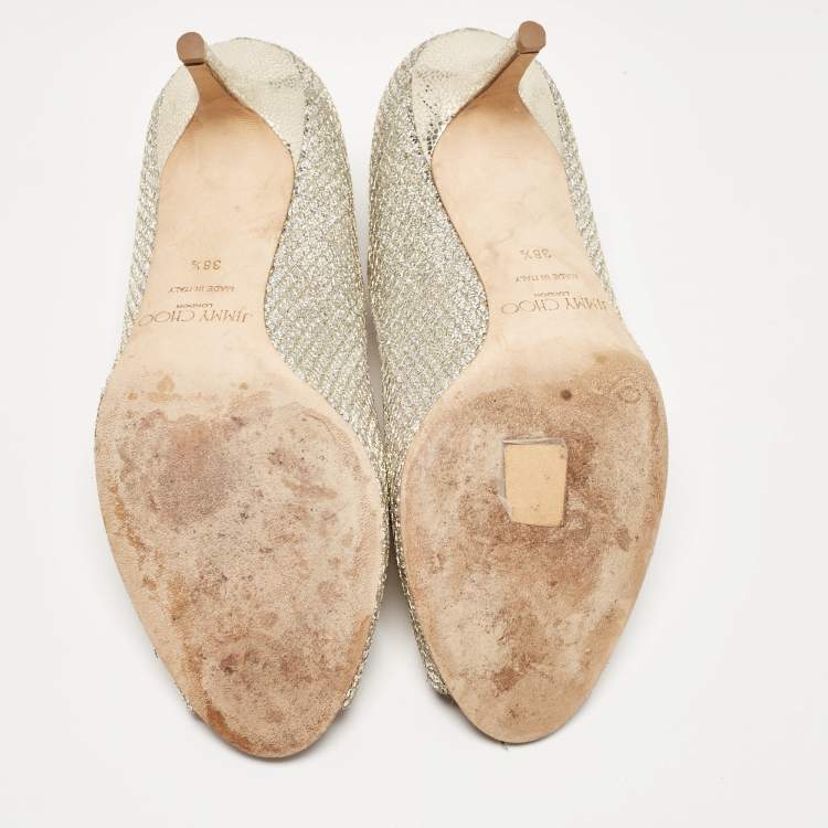 Pre Owned Jimmy Choo Gold/Silver Glitter and Leather Isabel Peep Toe Pumps Size 38.5