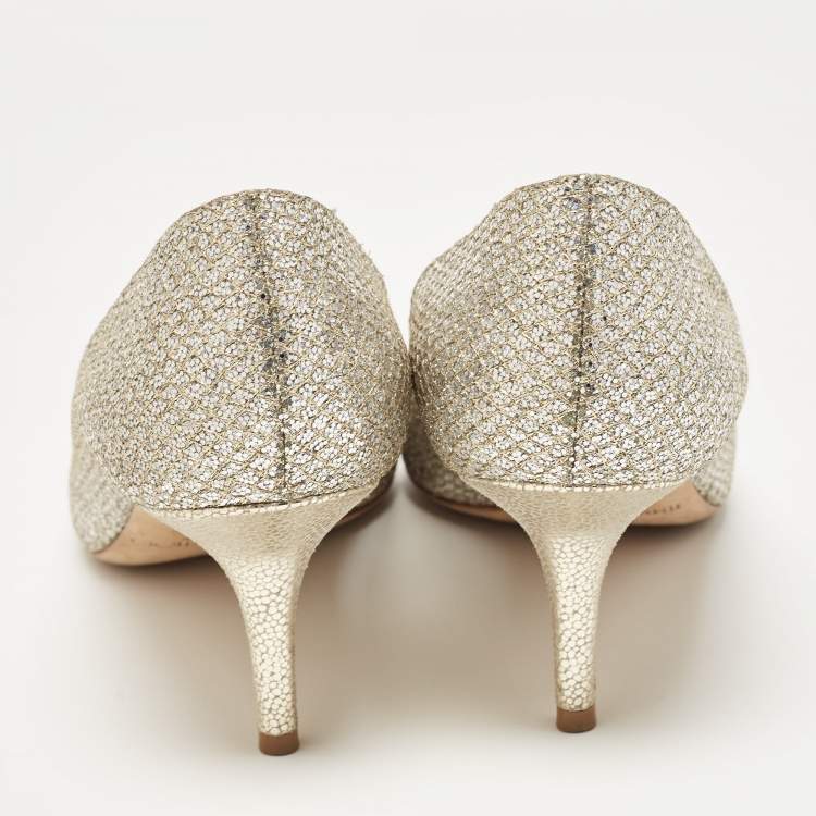 Pre Owned Jimmy Choo Gold/Silver Glitter and Leather Isabel Peep Toe Pumps Size 38.5