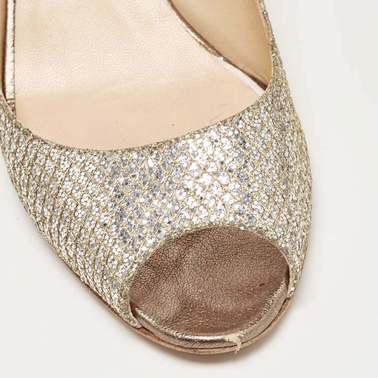 Pre Owned Jimmy Choo Gold/Silver Glitter and Leather Isabel Peep Toe Pumps Size 38.5
