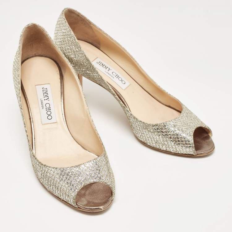Pre Owned Jimmy Choo Gold/Silver Glitter and Leather Isabel Peep Toe Pumps Size 38.5