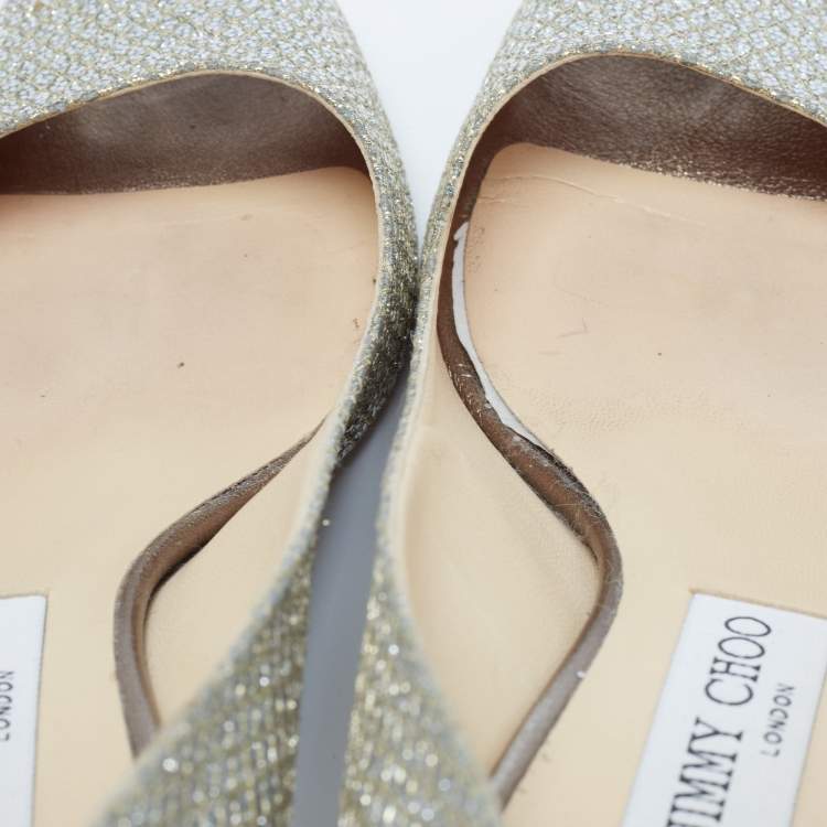 Pre Owned Jimmy Choo Gold/Silver Glitter and Leather Isabel Peep Toe Pumps Size 38.5