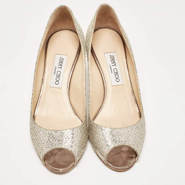 Pre Owned Jimmy Choo Gold/Silver Glitter and Leather Isabel Peep Toe Pumps Size 38.5