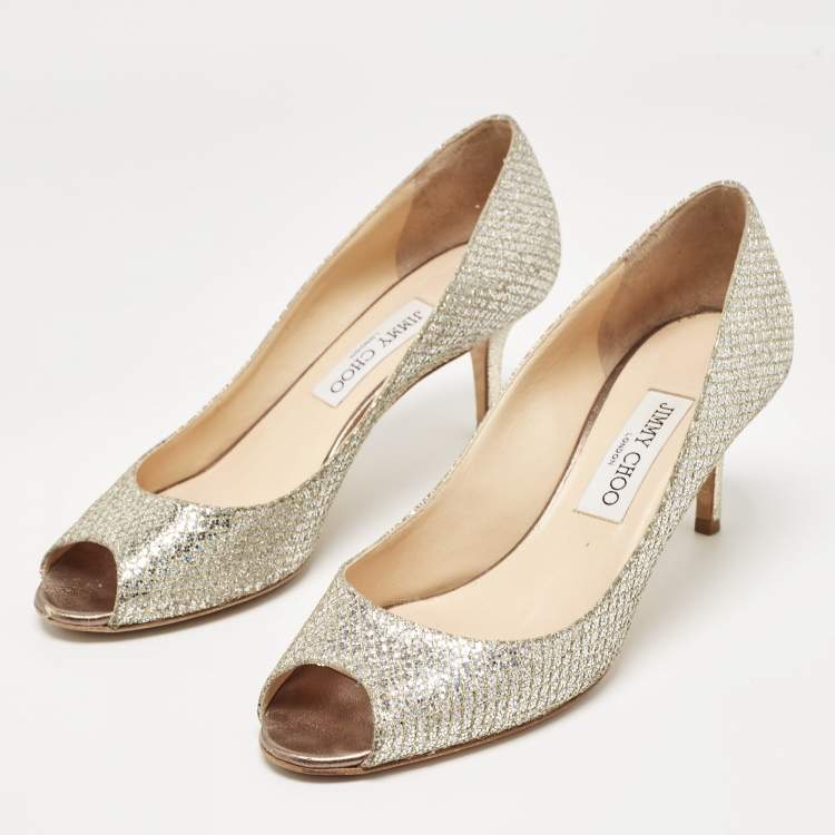 Pre Owned Jimmy Choo Gold/Silver Glitter and Leather Isabel Peep Toe Pumps Size 38.5