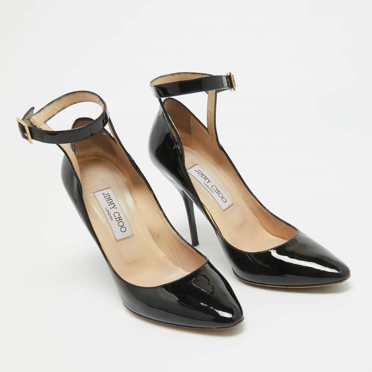 Pre Owned Jimmy Choo Black Patent Leather Malena Ankle Strap Pumps Size 39