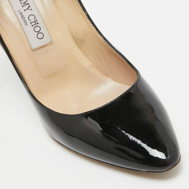 Pre Owned Jimmy Choo Black Patent Leather Malena Ankle Strap Pumps Size 39