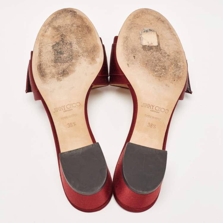 Pre Owned Jimmy Choo Burgundy Satin Crystal Embellished Slide Sandals Size 38.5