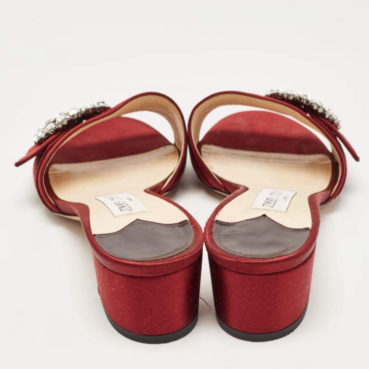 Pre Owned Jimmy Choo Burgundy Satin Crystal Embellished Slide Sandals Size 38.5