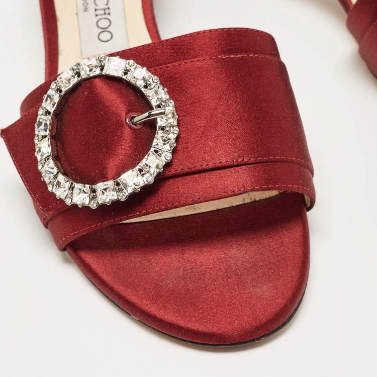 Pre Owned Jimmy Choo Burgundy Satin Crystal Embellished Slide Sandals Size 38.5