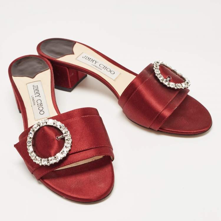 Pre Owned Jimmy Choo Burgundy Satin Crystal Embellished Slide Sandals Size 38.5