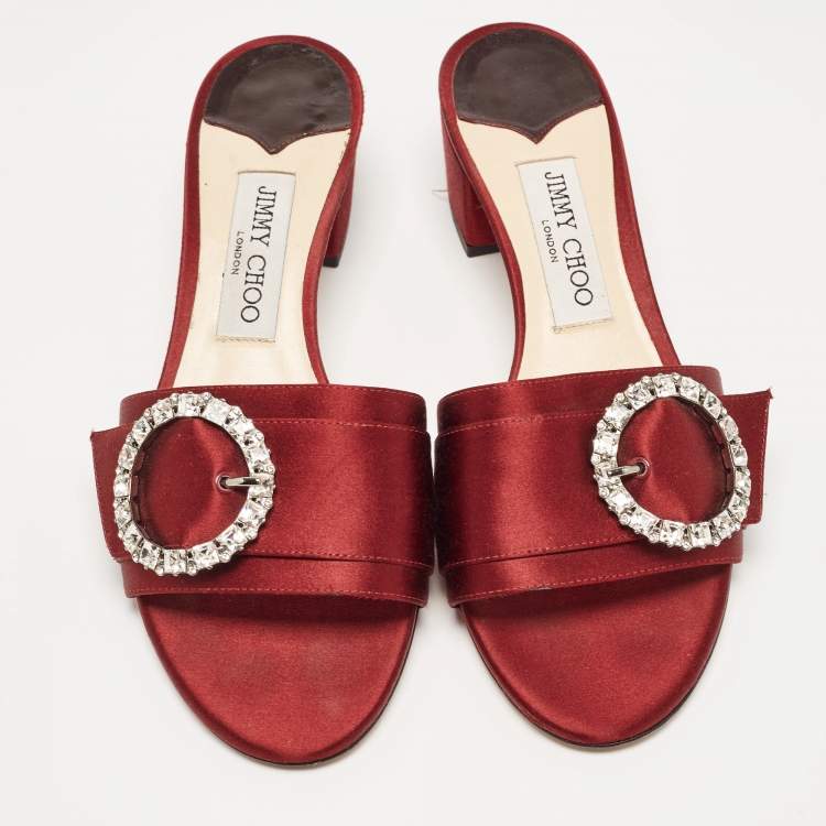 Pre Owned Jimmy Choo Burgundy Satin Crystal Embellished Slide Sandals Size 38.5