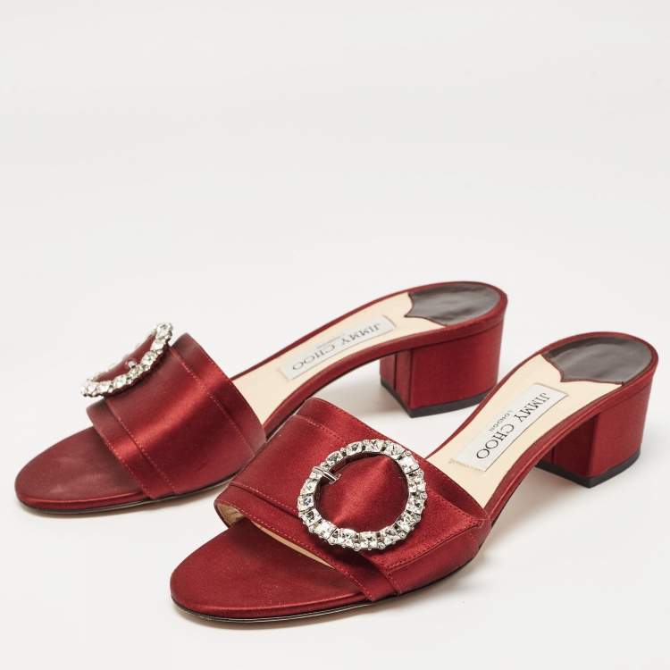 Pre Owned Jimmy Choo Burgundy Satin Crystal Embellished Slide Sandals Size 38.5