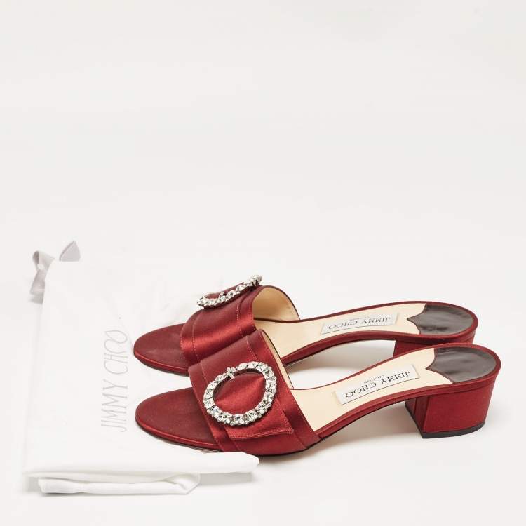 Pre Owned Jimmy Choo Burgundy Satin Crystal Embellished Slide Sandals Size 38.5