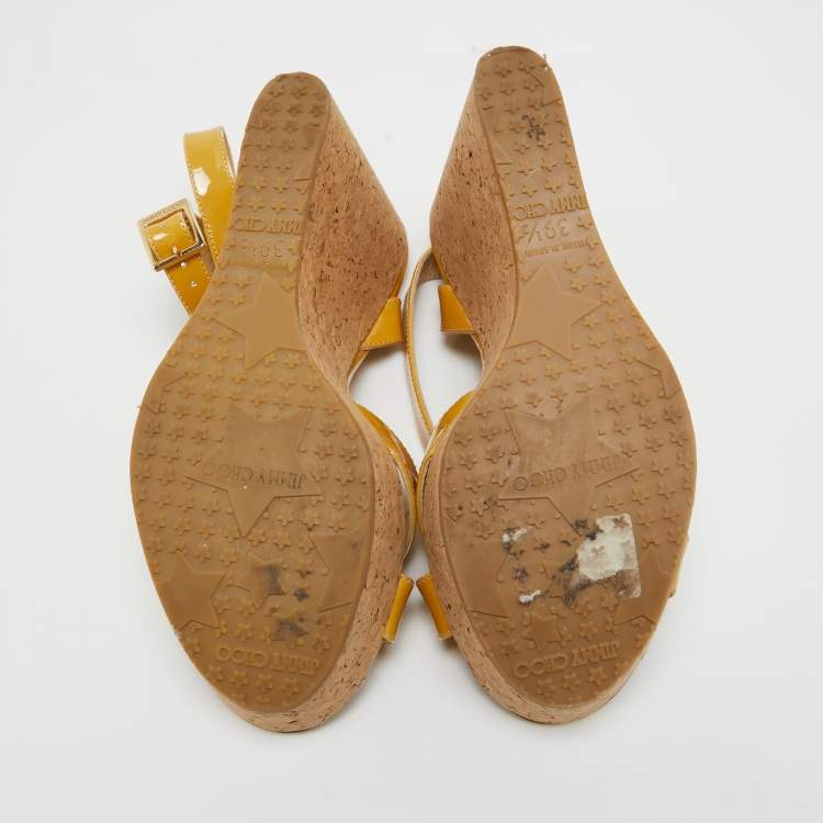 Pre Owned Jimmy Choo Yellow Patent Leather Cork Wedge Ankle Strap Sandals Size 39.5