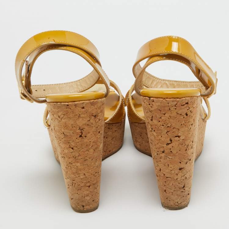 Pre Owned Jimmy Choo Yellow Patent Leather Cork Wedge Ankle Strap Sandals Size 39.5