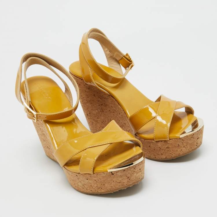 Pre Owned Jimmy Choo Yellow Patent Leather Cork Wedge Ankle Strap Sandals Size 39.5