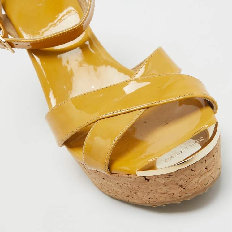 Pre Owned Jimmy Choo Yellow Patent Leather Cork Wedge Ankle Strap Sandals Size 39.5