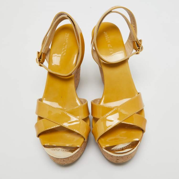 Pre Owned Jimmy Choo Yellow Patent Leather Cork Wedge Ankle Strap Sandals Size 39.5