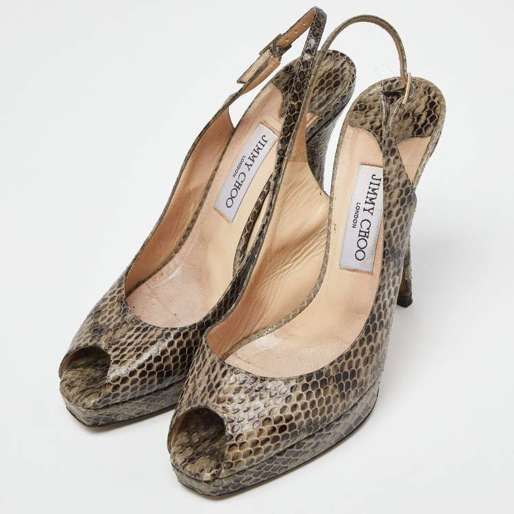 Pre Owned Jimmy Choo Grey Snakeskin Leather Peep Toe Pumps Size 38.5
