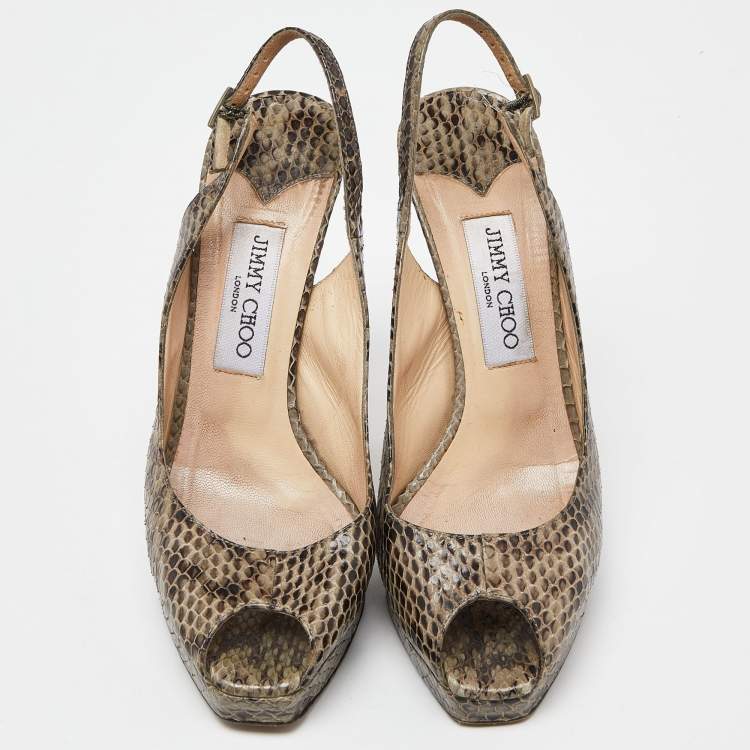 Pre Owned Jimmy Choo Grey Snakeskin Leather Peep Toe Pumps Size 38.5