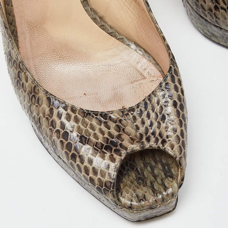 Pre Owned Jimmy Choo Grey Snakeskin Leather Peep Toe Pumps Size 38.5