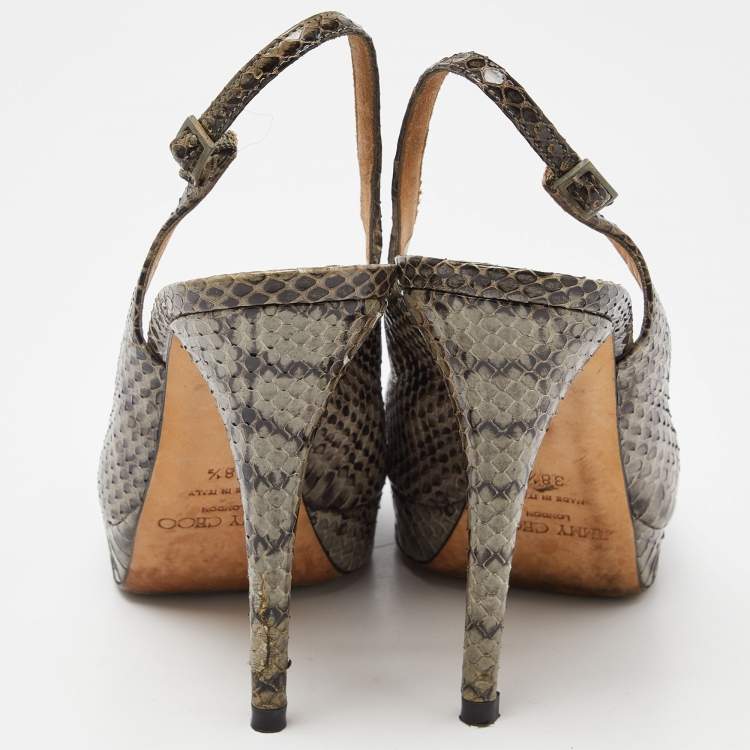 Pre Owned Jimmy Choo Grey Snakeskin Leather Peep Toe Pumps Size 38.5