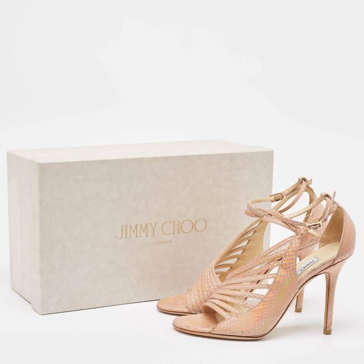 Pre Owned Jimmy Choo Gold Snakeskin Embossed Strappy Ankle Strap Sandals Size 36.5