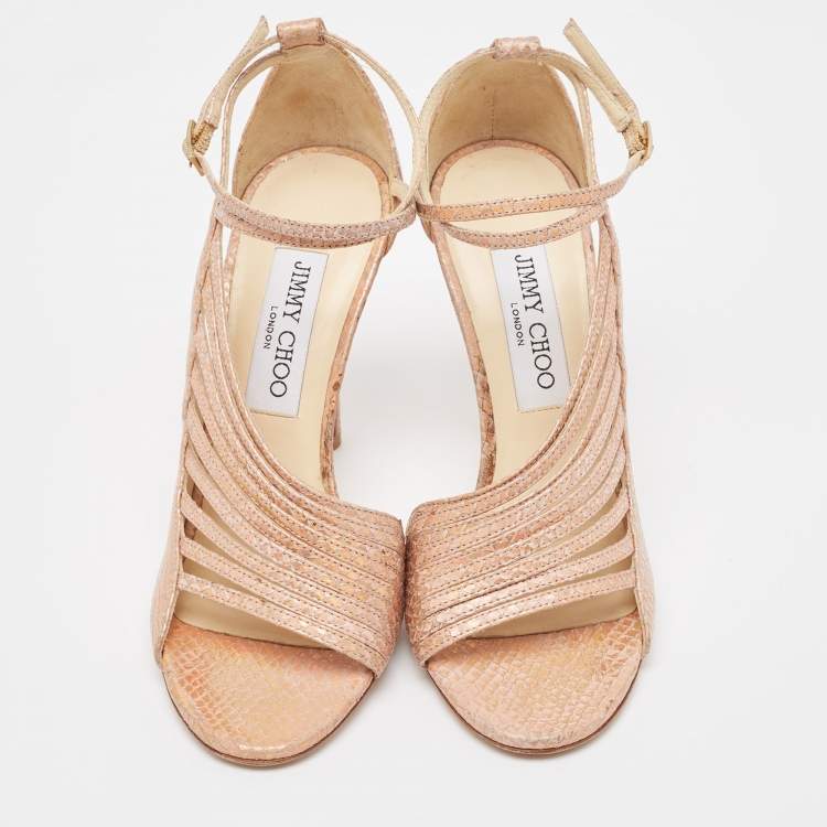 Pre Owned Jimmy Choo Gold Snakeskin Embossed Strappy Ankle Strap Sandals Size 36.5