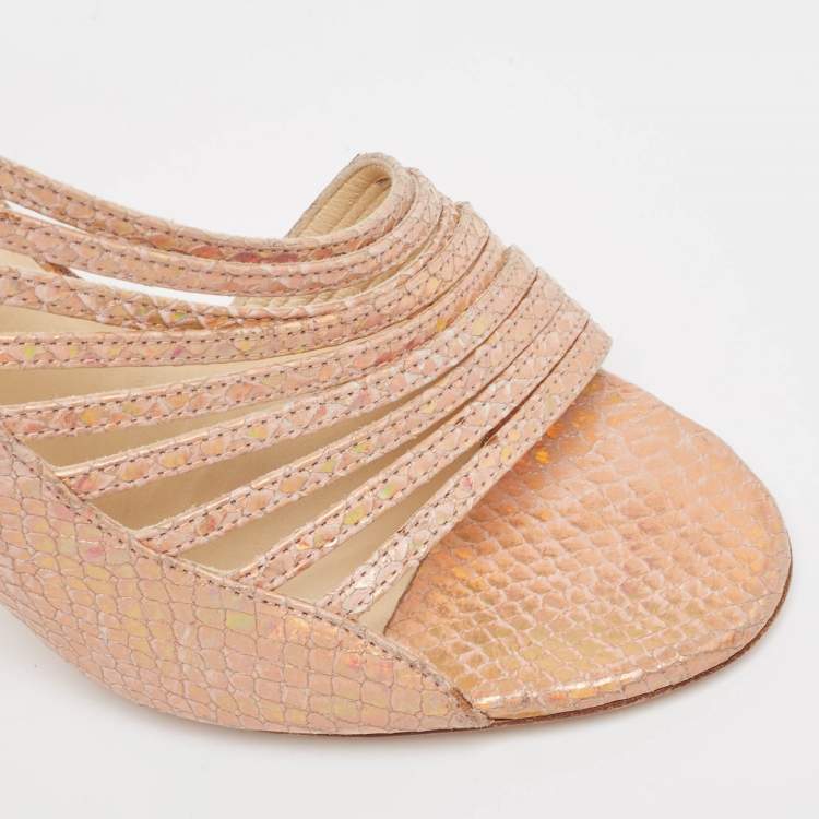 Pre Owned Jimmy Choo Gold Snakeskin Embossed Strappy Ankle Strap Sandals Size 36.5