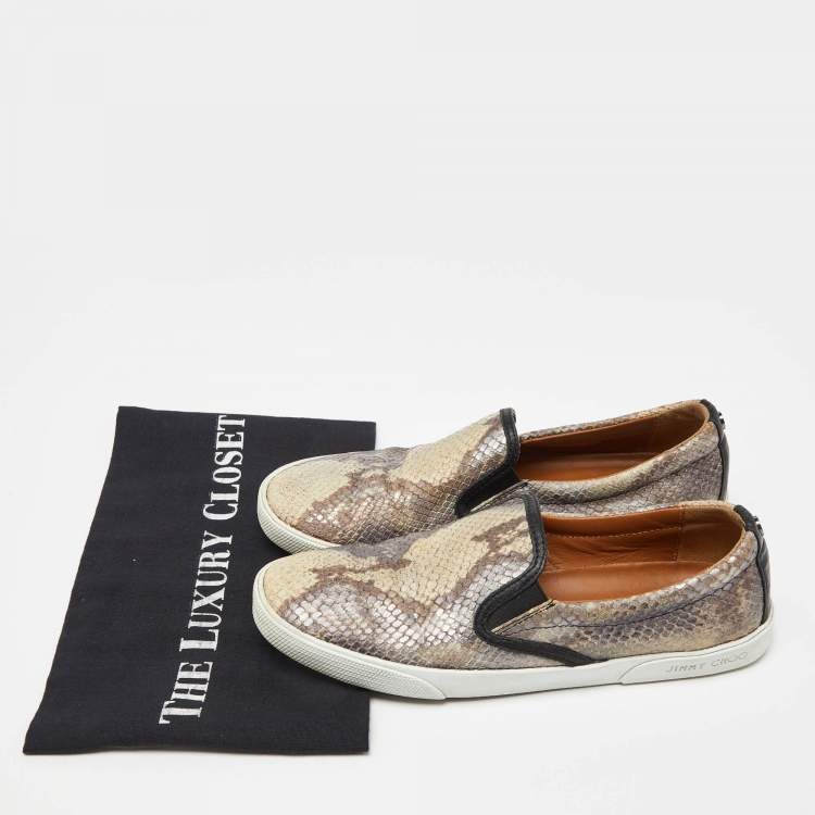 Pre Owned Jimmy Choo Brown/Black Snakeskin Embossed Brooklyn Slip On Sneakers Size 37