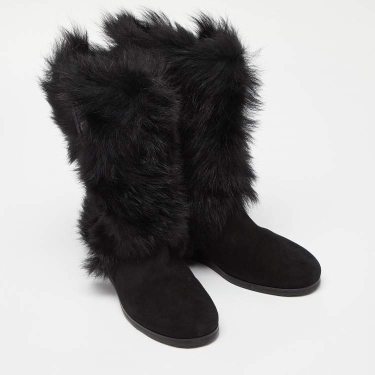 Pre Owned Jimmy Choo Black Fur and Suede Ankle Boots Size 37