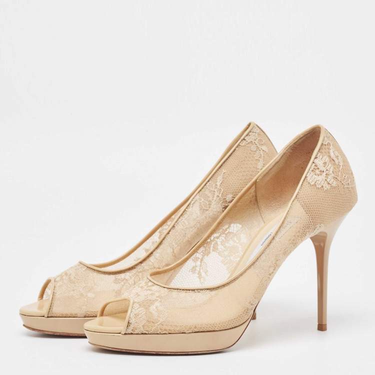 Pre Owned Jimmy Choo Beige Lace and Patent Leather Luna Peep Toe Pumps Size 39