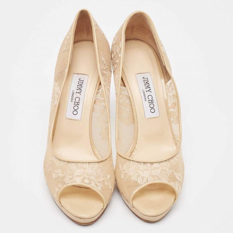 Pre Owned Jimmy Choo Beige Lace and Patent Leather Luna Peep Toe Pumps Size 39