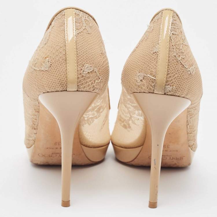 Pre Owned Jimmy Choo Beige Lace and Patent Leather Luna Peep Toe Pumps Size 39