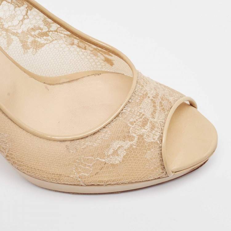 Pre Owned Jimmy Choo Beige Lace and Patent Leather Luna Peep Toe Pumps Size 39