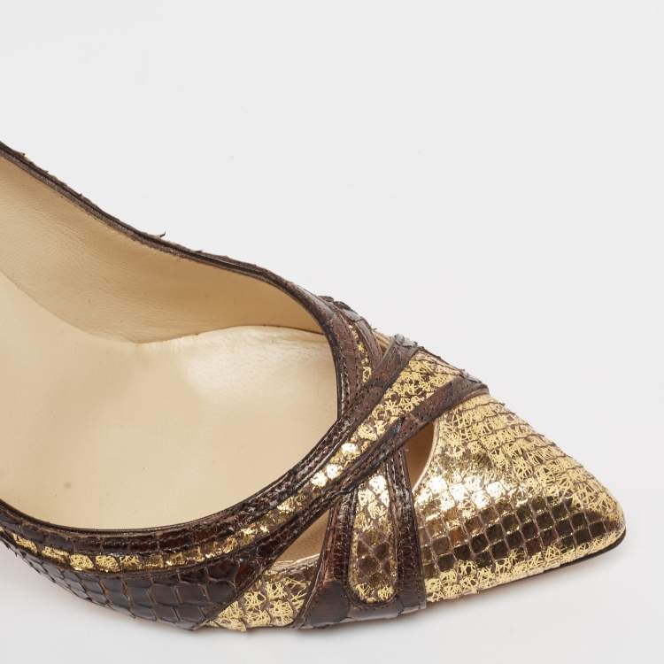 مملوكة مسبقًا Jimmy Choo Brown/Gold Python Pointed Toe Pumps Size 37