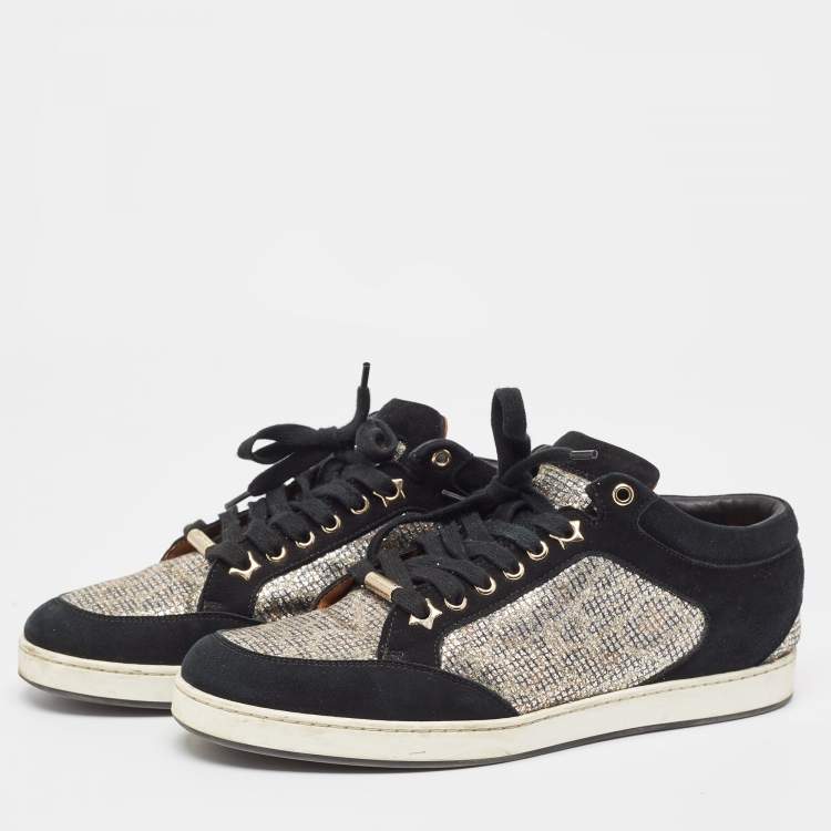 Pre Owned Jimmy Choo Sliver/Black  Suede and Glitter Miami Sneakers Size 39