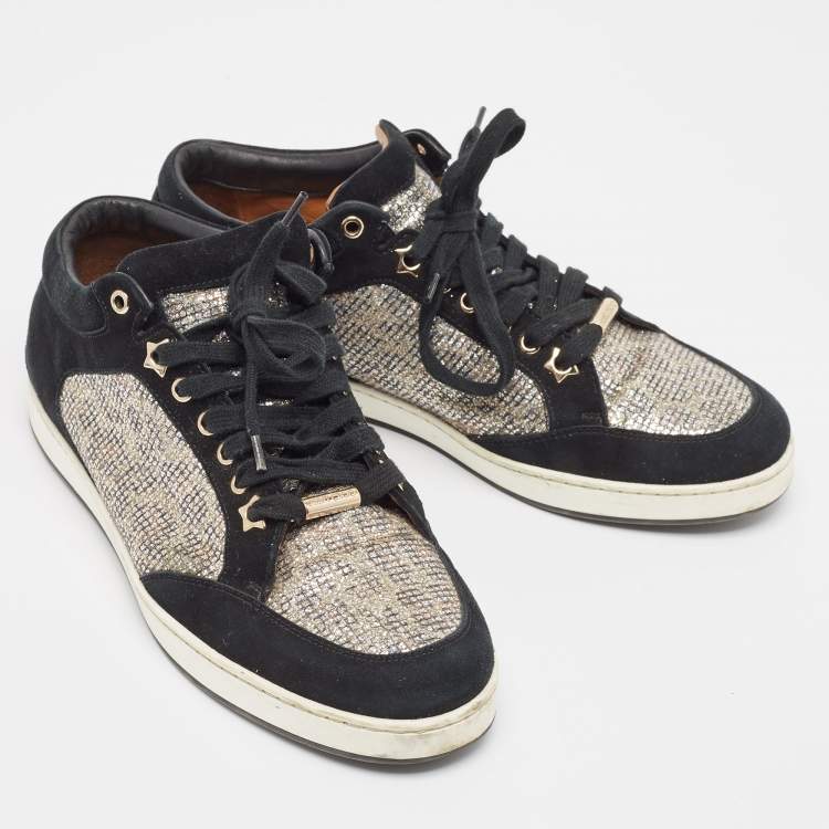 Pre Owned Jimmy Choo Sliver/Black  Suede and Glitter Miami Sneakers Size 39