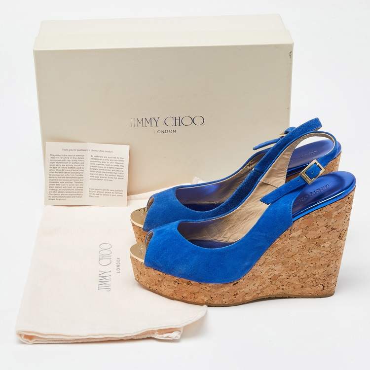 Pre Owned Jimmy Choo Blue Suede Cork Wedge Ankle Strap Sandals Size 40