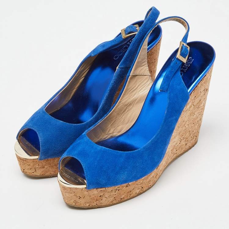 Pre Owned Jimmy Choo Blue Suede Cork Wedge Ankle Strap Sandals Size 40