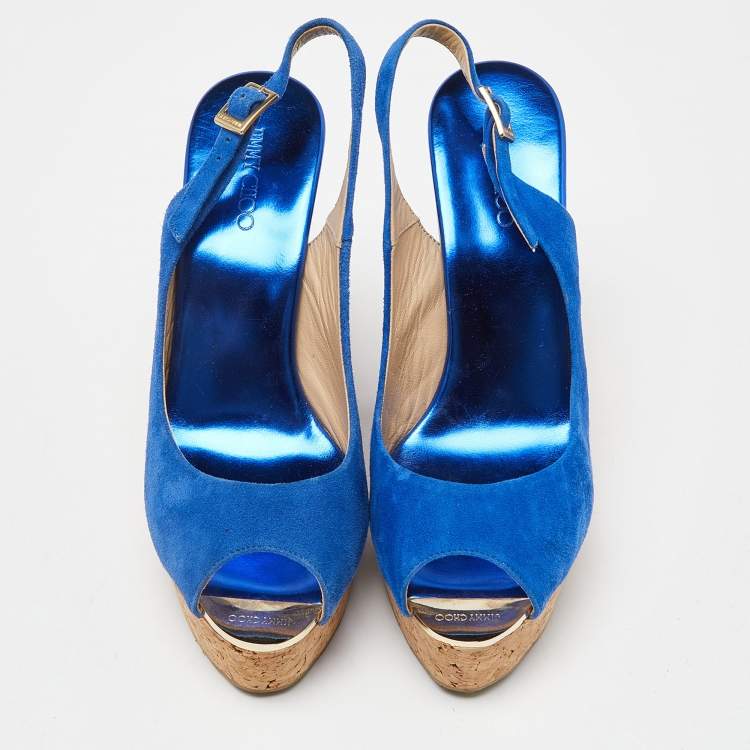 Pre Owned Jimmy Choo Blue Suede Cork Wedge Ankle Strap Sandals Size 40