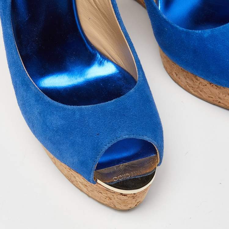 Pre Owned Jimmy Choo Blue Suede Cork Wedge Ankle Strap Sandals Size 40