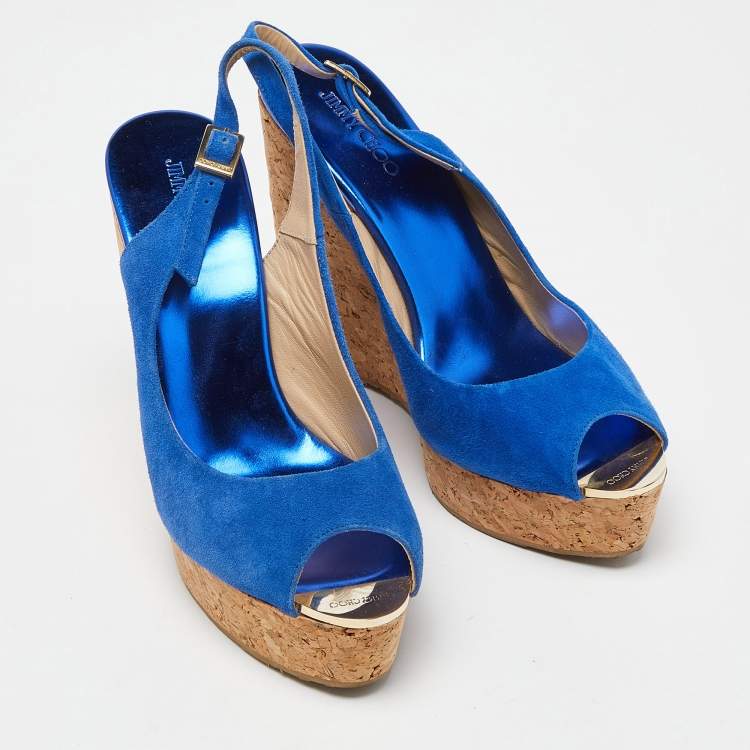 Pre Owned Jimmy Choo Blue Suede Cork Wedge Ankle Strap Sandals Size 40