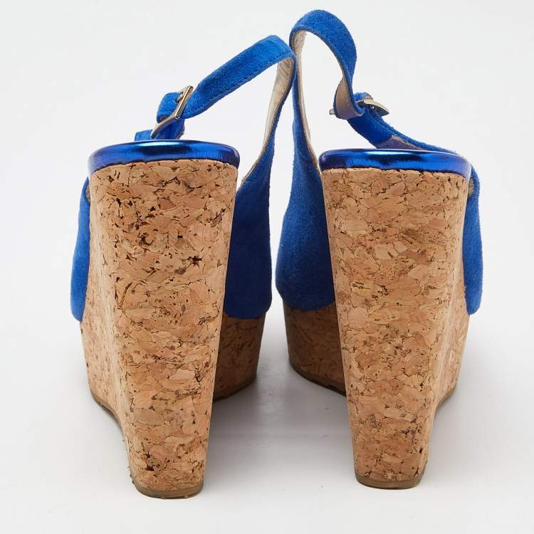 Pre Owned Jimmy Choo Blue Suede Cork Wedge Ankle Strap Sandals Size 40