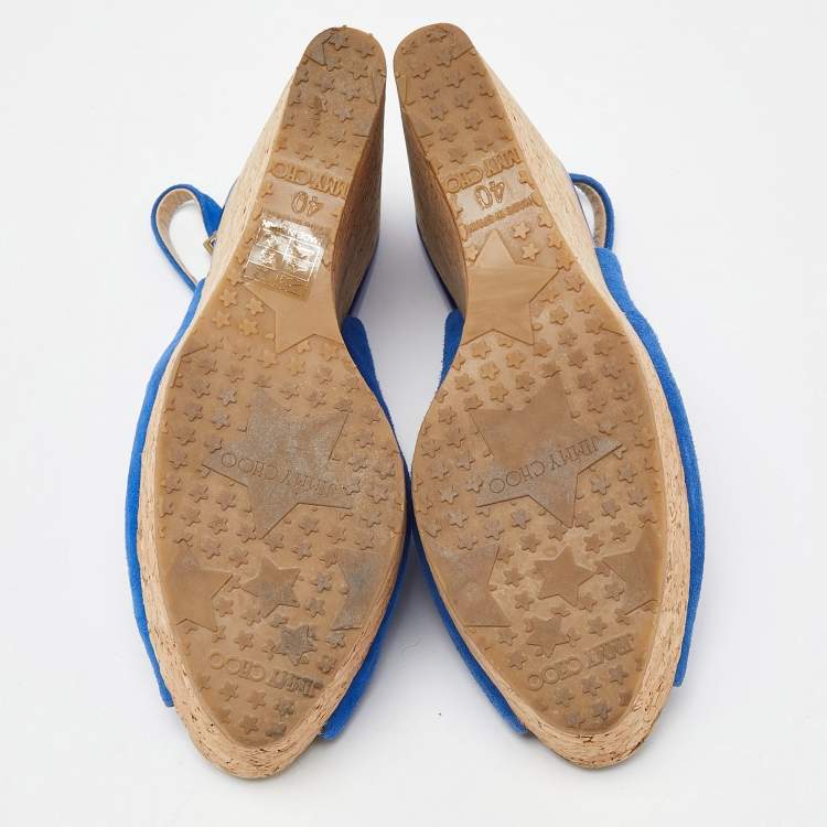 Pre Owned Jimmy Choo Blue Suede Cork Wedge Ankle Strap Sandals Size 40