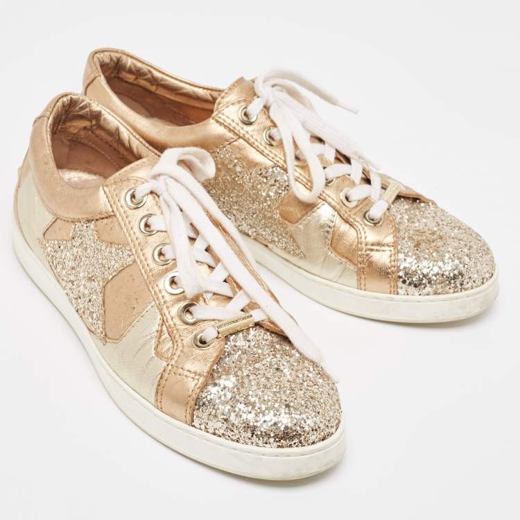 Pre Owned Jimmy Choo Metallic Leather and Glitter Low Top Sneakers Size 39