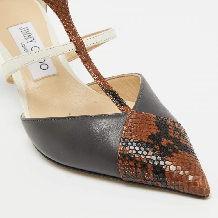 Pre Owned Jimmy Choo Brown/Grey Snakeskin Embossed and Leather Saoni Pumps Size 37.5