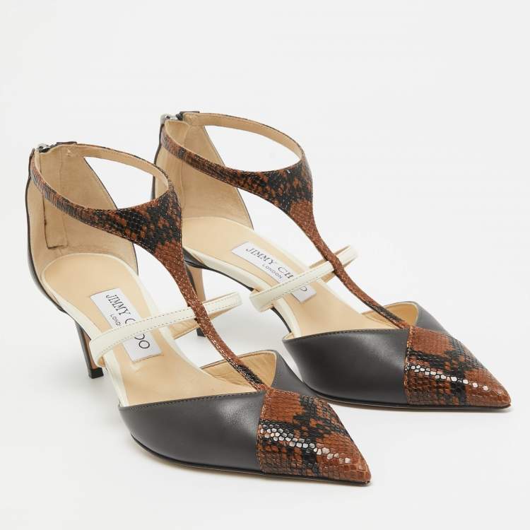 Pre Owned Jimmy Choo Brown/Grey Snakeskin Embossed and Leather Saoni Pumps Size 37.5