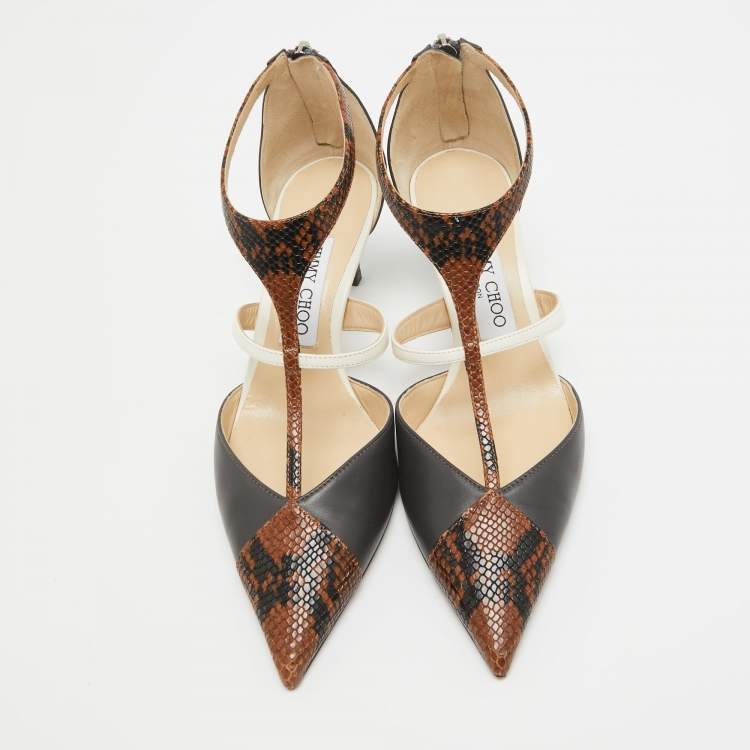Pre Owned Jimmy Choo Brown/Grey Snakeskin Embossed and Leather Saoni Pumps Size 37.5
